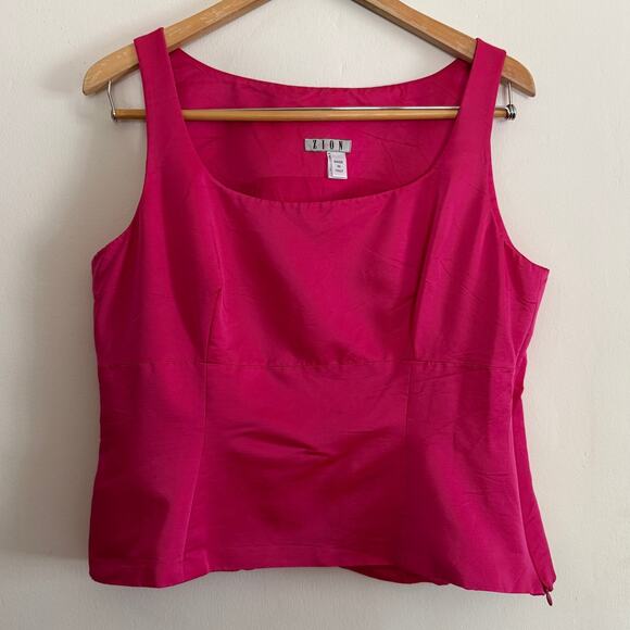 Zion Tops - 90s Vintage ZION Pink Fuschia Taffeta Square Neck Shell Top | Medium